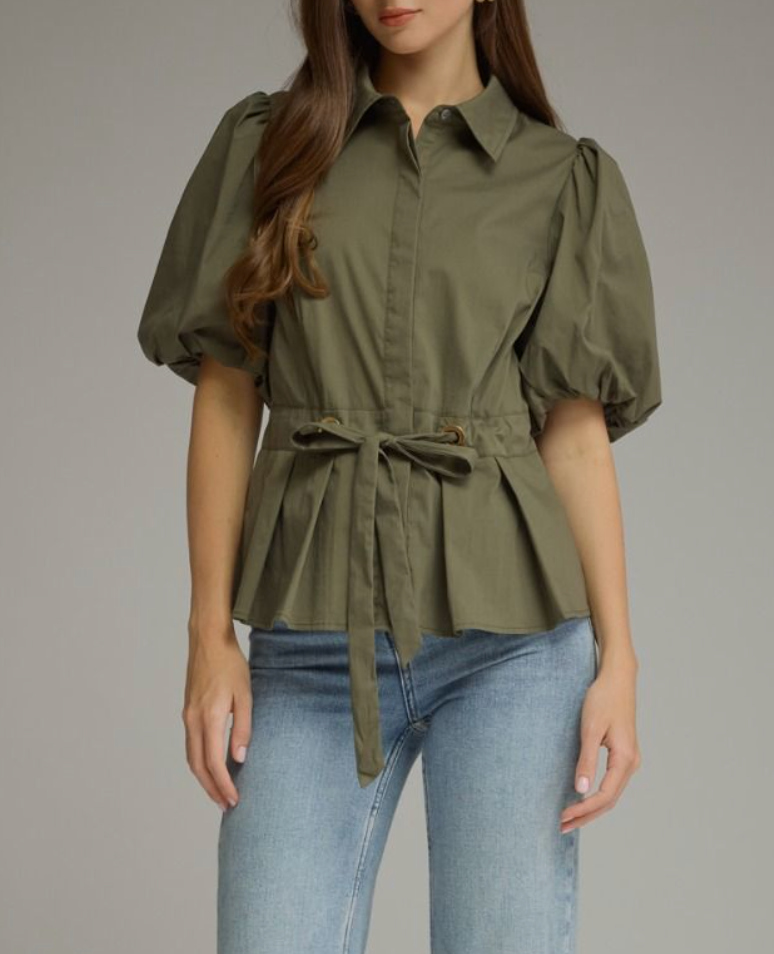 Short Puff Sleeve Tie Waist Top- Olive