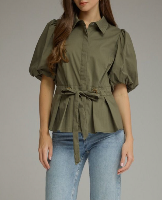 Short Puff Sleeve Tie Waist Top- Olive