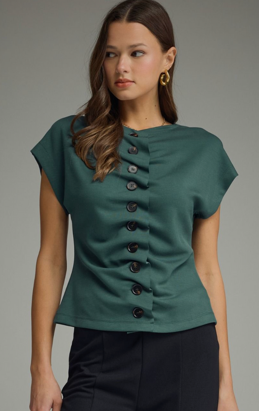 Ruched Button Up Cap Sleeve Top