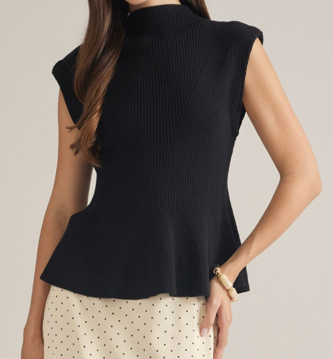 Black Cap Sleeve Ribbed Mock Neck Sweater
