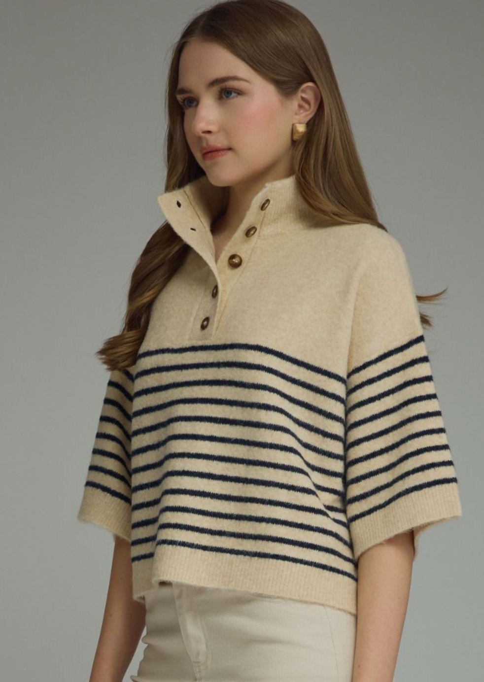 Striped Short Sleeve Knit Sweater Button Neck