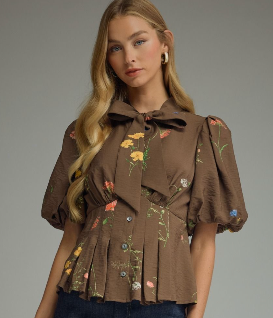 Brown Floral Puff Sleeve Top with Neck Bow