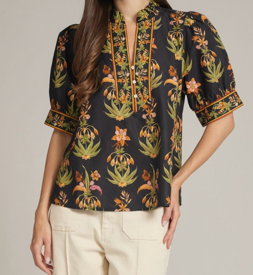 Black Floral Print Puff Sleeve Ruffle Accent Top