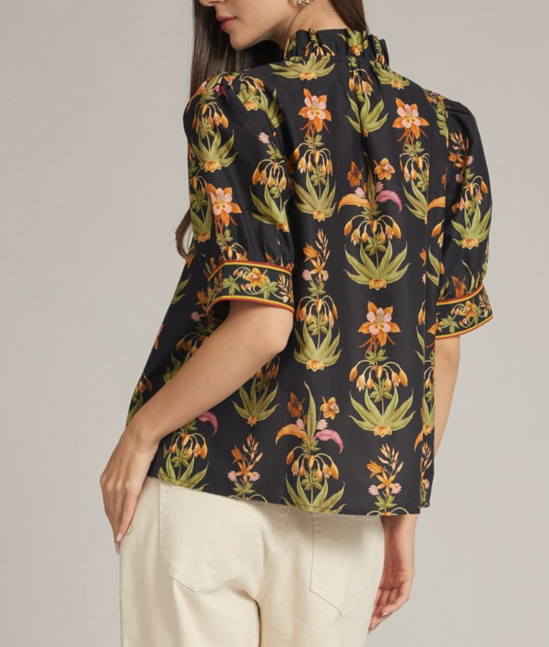 Black Floral Print Puff Sleeve Ruffle Accent Top