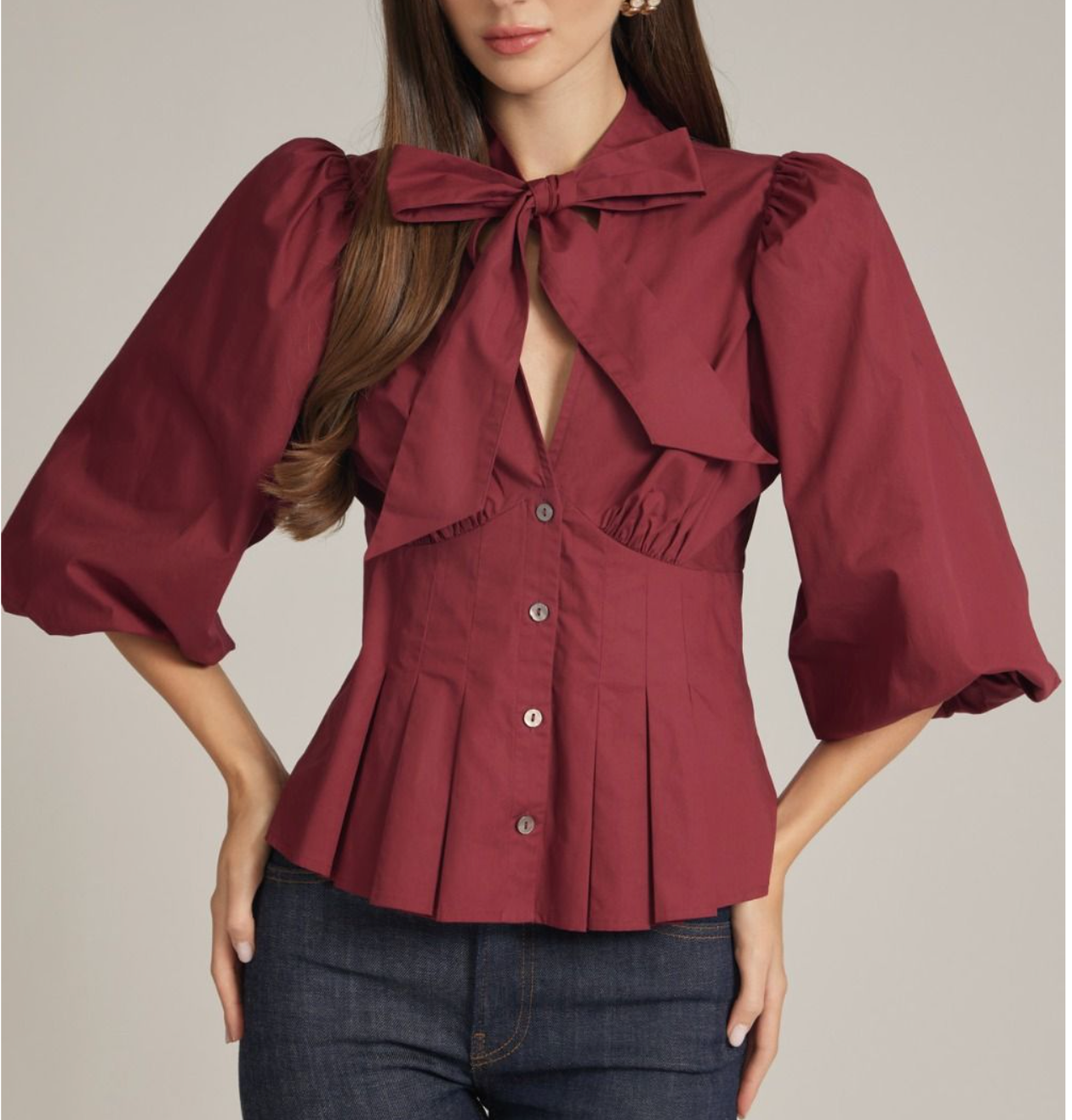 Burgundy Puff Sleeve Bow Tie V-Neck Top
