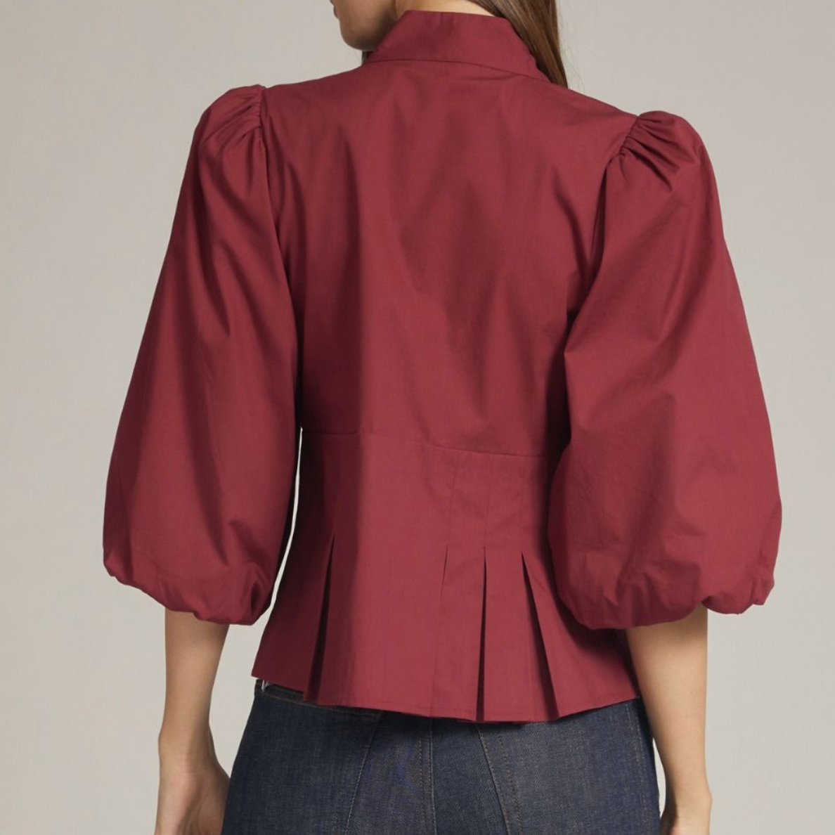 Burgundy Puff Sleeve Bow Tie V-Neck Top