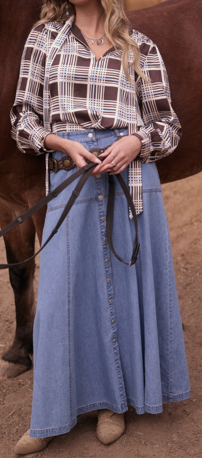Denim Button Front Maxi Skirt