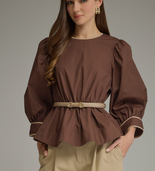 Chocolate Contrast-Trim Belted Peplum Blouse