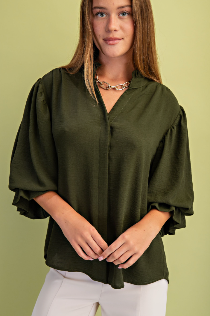 3/4 Length Gathered Balloon Sleeve Blouse