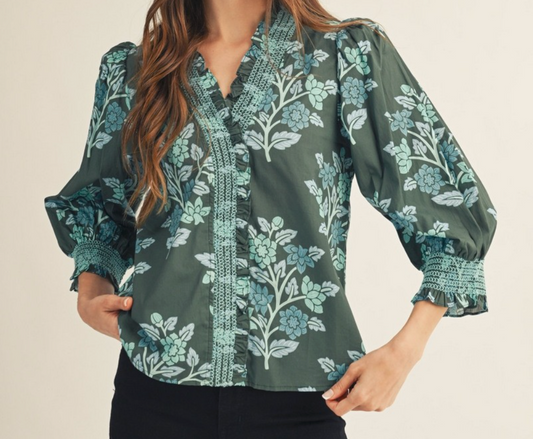 Embroidered Smocking Detail Floral Top- Hunter Green
