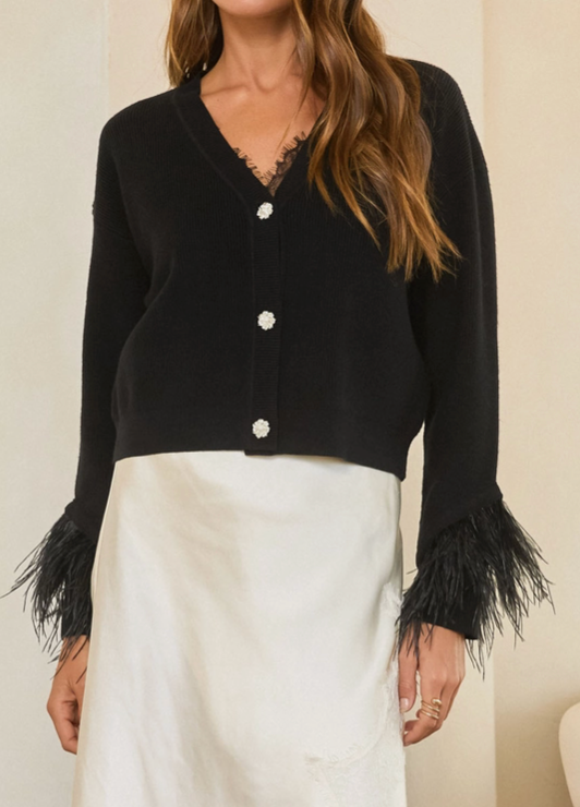 Jewel Button Feather Trim Cardigan- Black