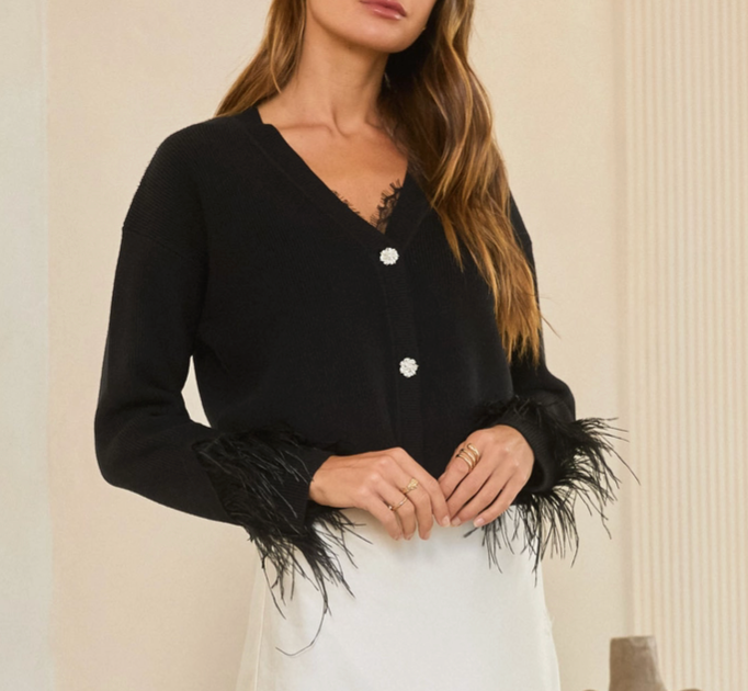 Jewel Button Feather Trim Cardigan- Black