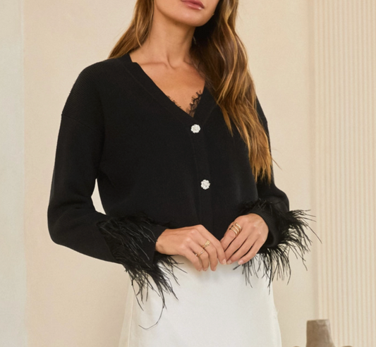 Jewel Button Feather Trim Cardigan- Black