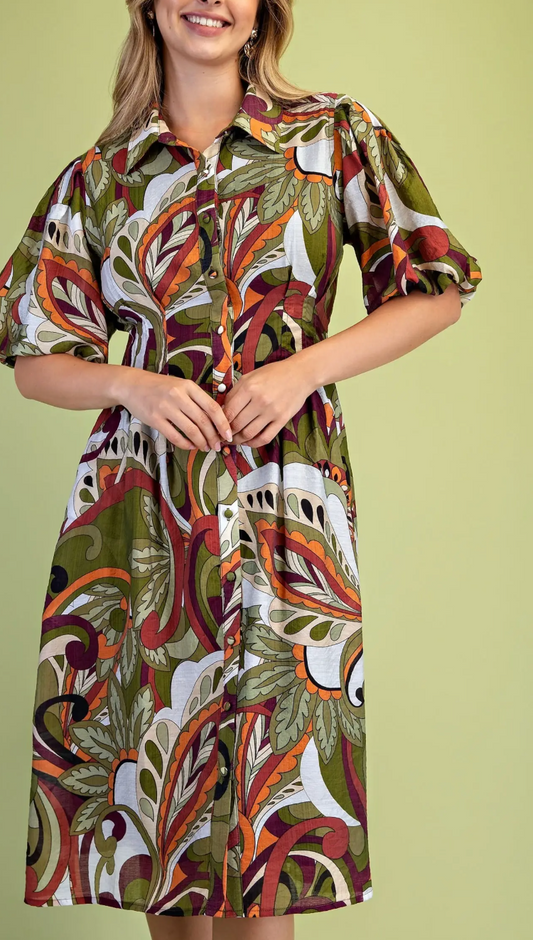 Printed Puff Sleeve Midi Shirt Dress- Olive Mix
