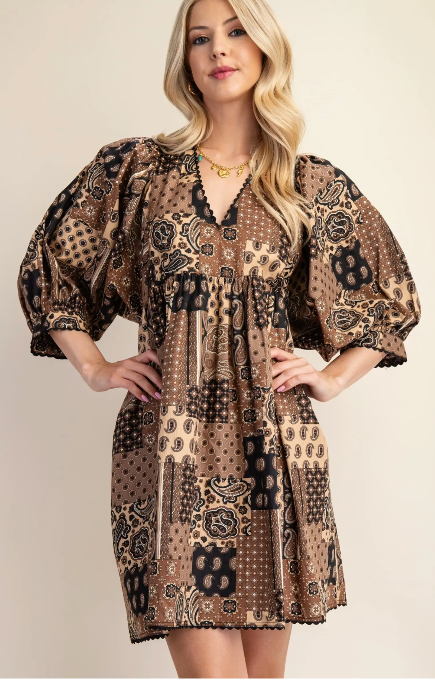 Paisley Print Mini Dress- Brown Mix