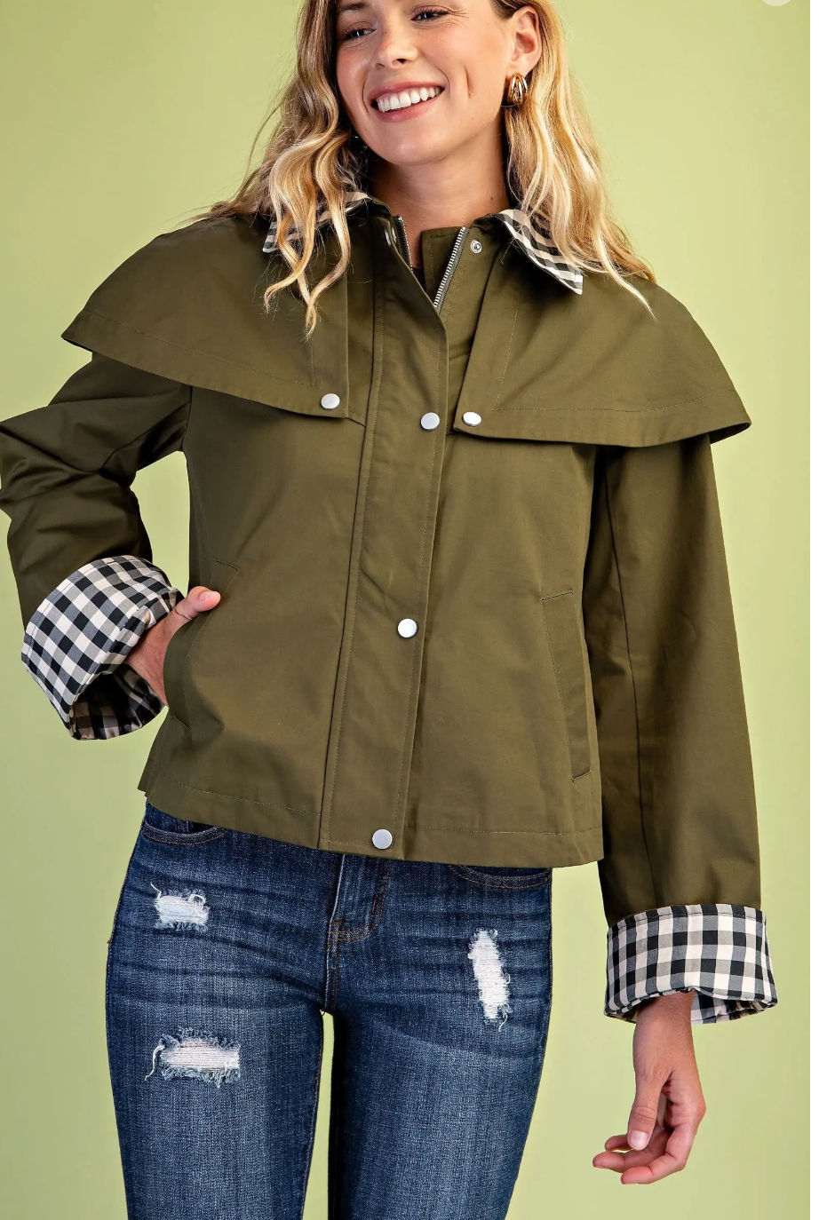 Gingham Accented Jacket- Olive
