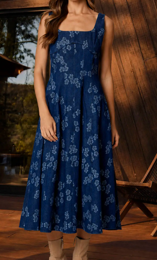 Floral Jacquard Corset Detail Denim Midi Dress