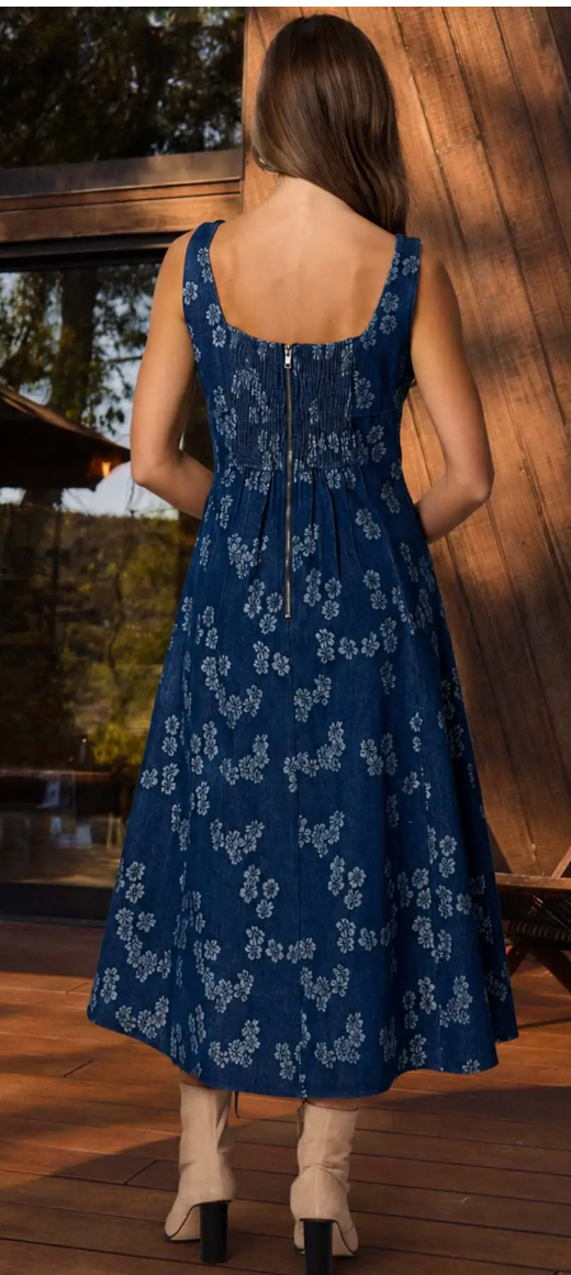 Floral Jacquard Corset Detail Denim Midi Dress
