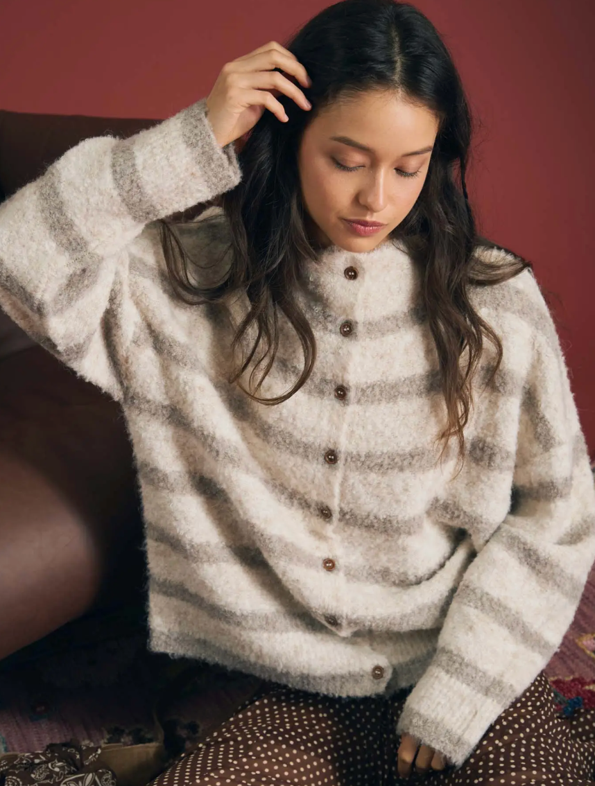 Stripe Mock Neck Button Down Fuzzy Knit Cardigan