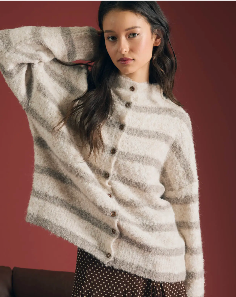 Stripe Mock Neck Button Down Fuzzy Knit Cardigan