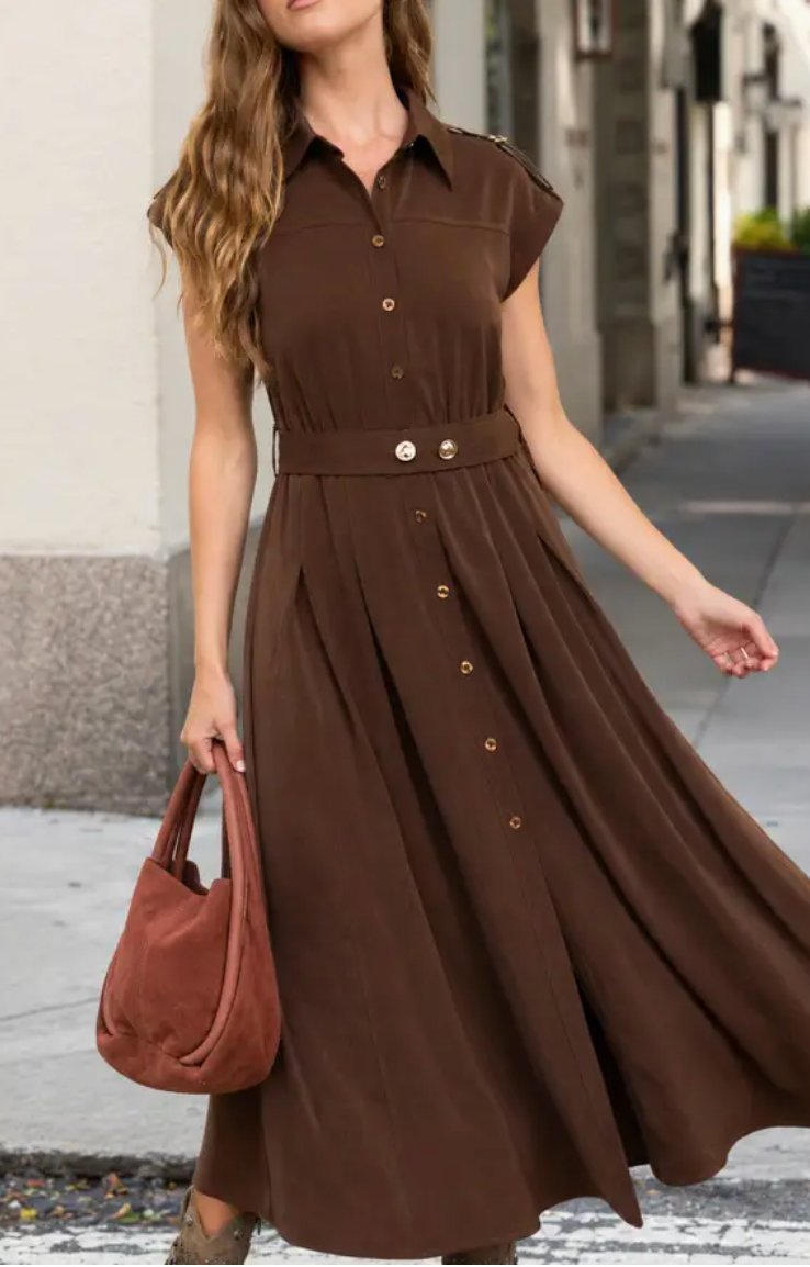 Collared Tab Shoulder Belted Midi Shirt Dress