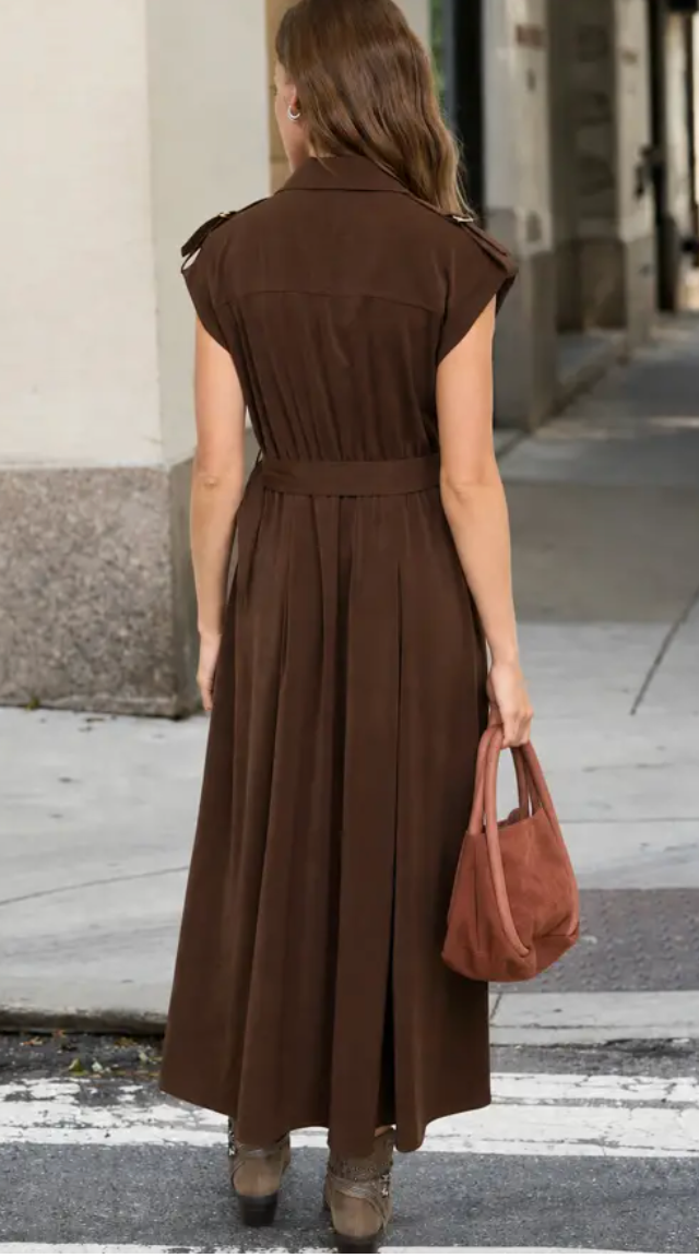 Collared Tab Shoulder Belted Midi Shirt Dress