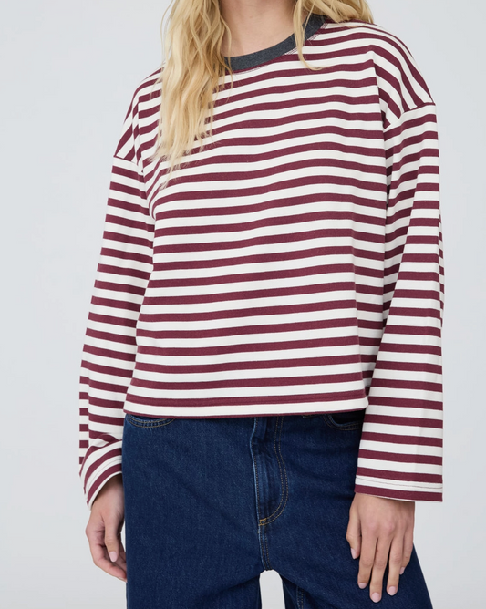 Color Block Neck Long Sleeve Boxy Top- Wine