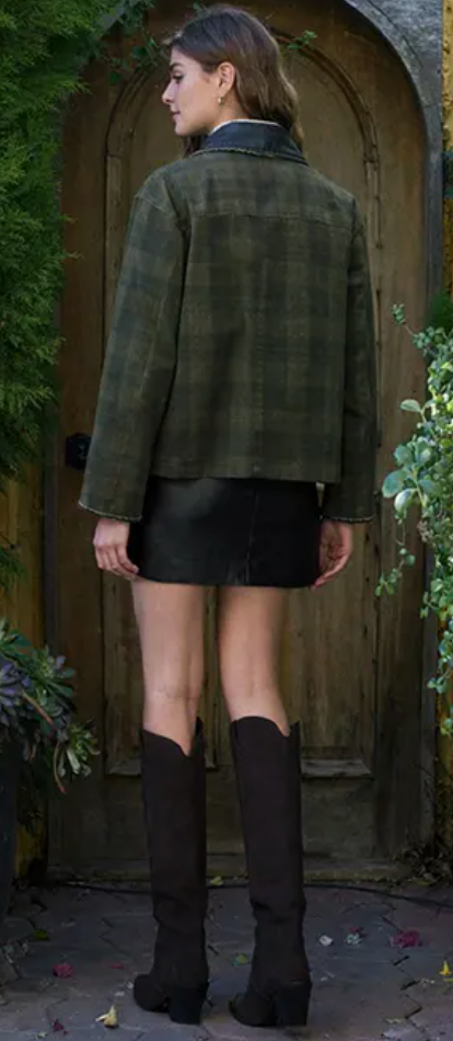 Contrast Collar Plaid Jacket- Olive