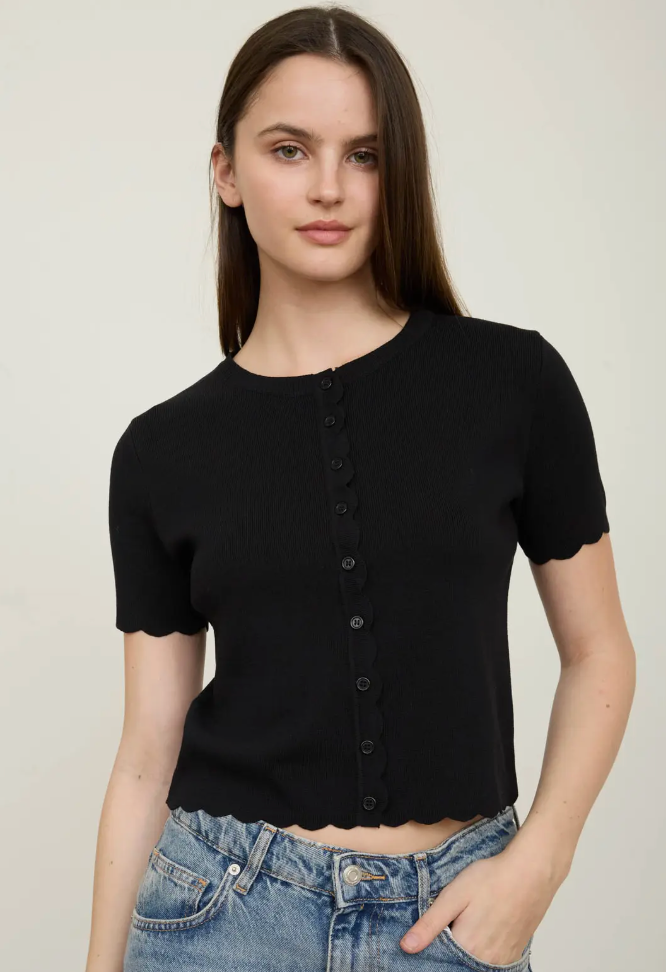 Scalloped Short Sleeve Button Down Cardigan