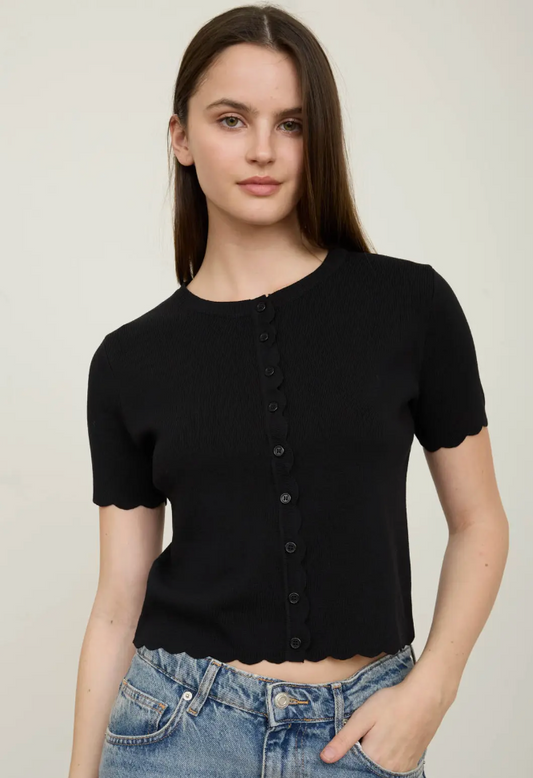 Scalloped Short Sleeve Button Down Cardigan
