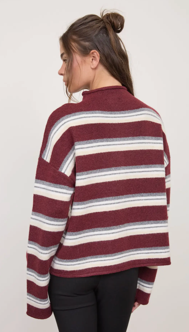 Striped Rolled Neck Knit Cardigan- Oxblood