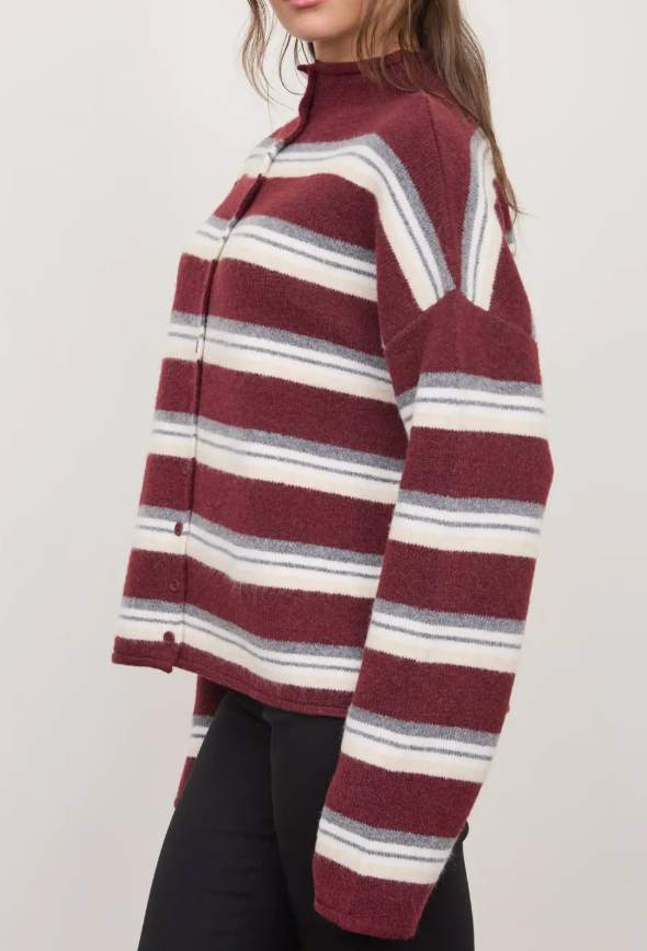 Striped Rolled Neck Knit Cardigan- Oxblood