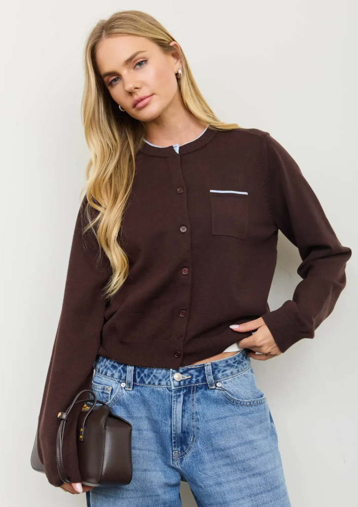 Round Neck Contrast Piping Cardigan