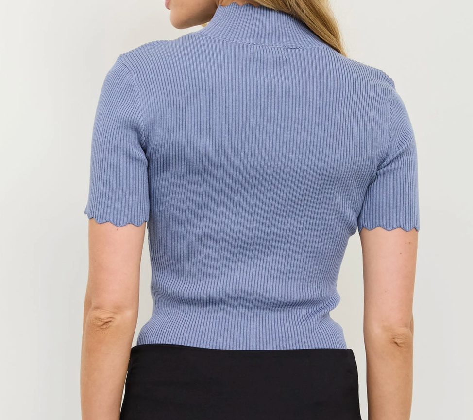 Scallop Mock Neck Short Sleeve Sweater- Blue