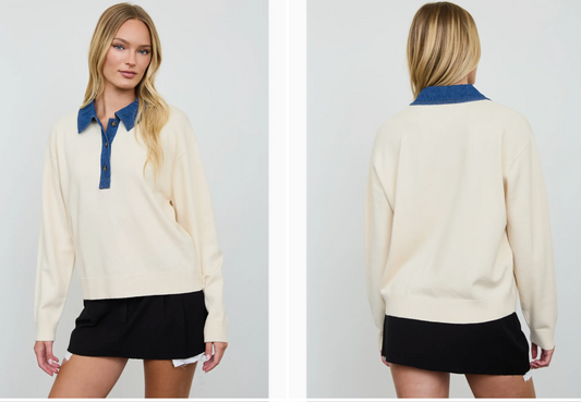 Contrast Denim Pullover Cream