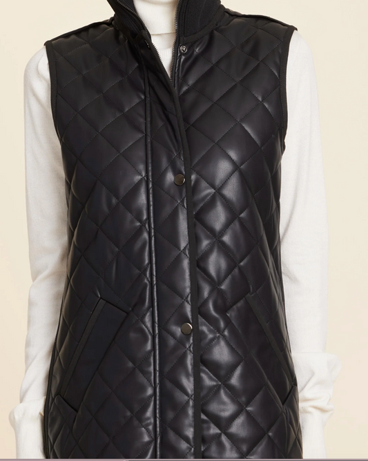 Vegan Leather Quilted Vest - Black