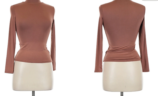Ribbed Mock Neck Long Sleeve- Brown