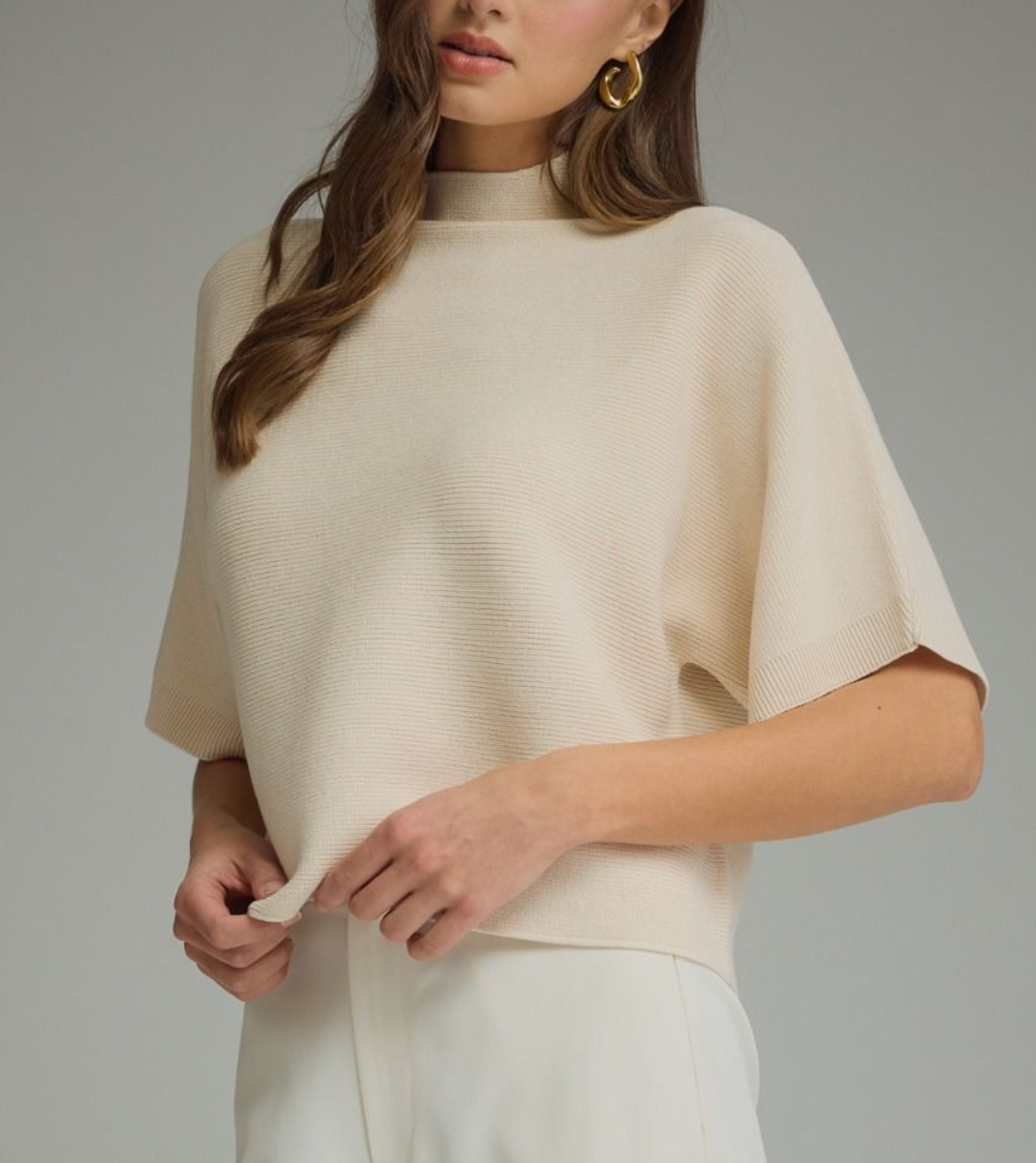 Solid Mock Neck Short Sleeve Sweater- Ecru