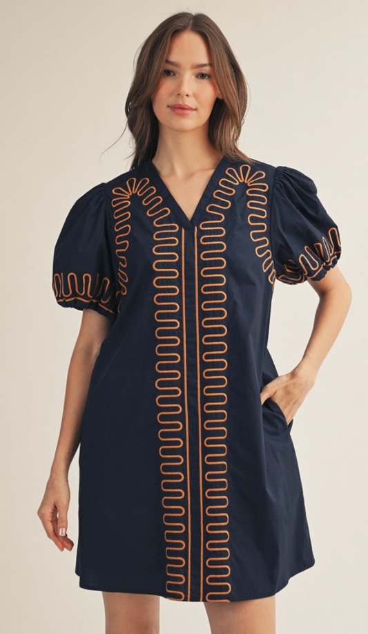 Puff Sleeves Embroidered Shift Dress- Navy