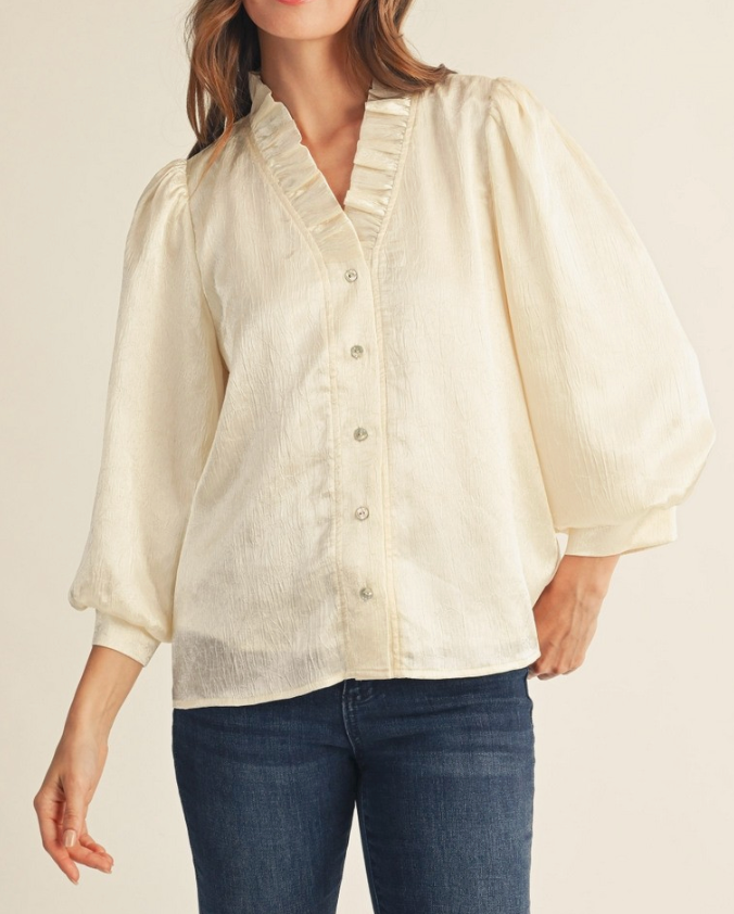 Ruffled Neckline Button Down Metallic Blouse