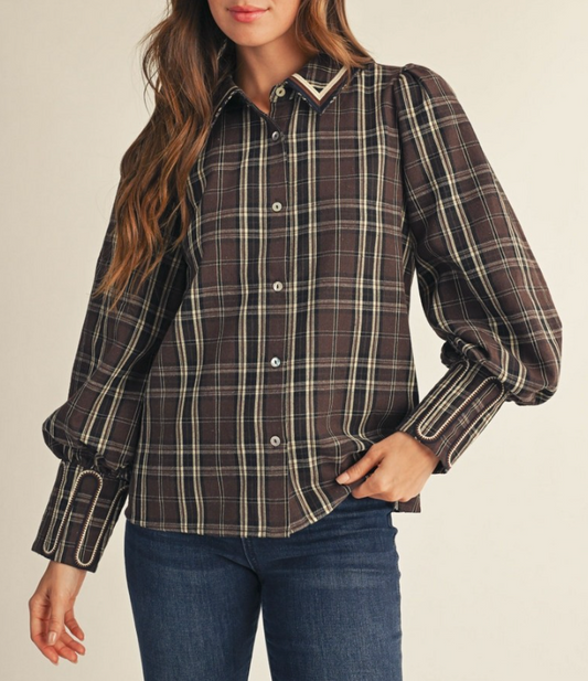 Embroidery Accent Button Down Plaid Top