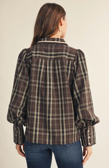 Embroidery Accent Button Down Plaid Top