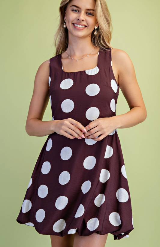Brown Polka-Dot Bubble Hem Mini Dress