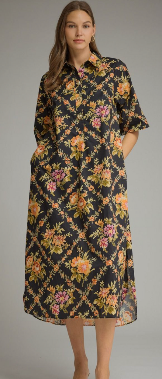 Floral Print Short Sleeve Midi Dress