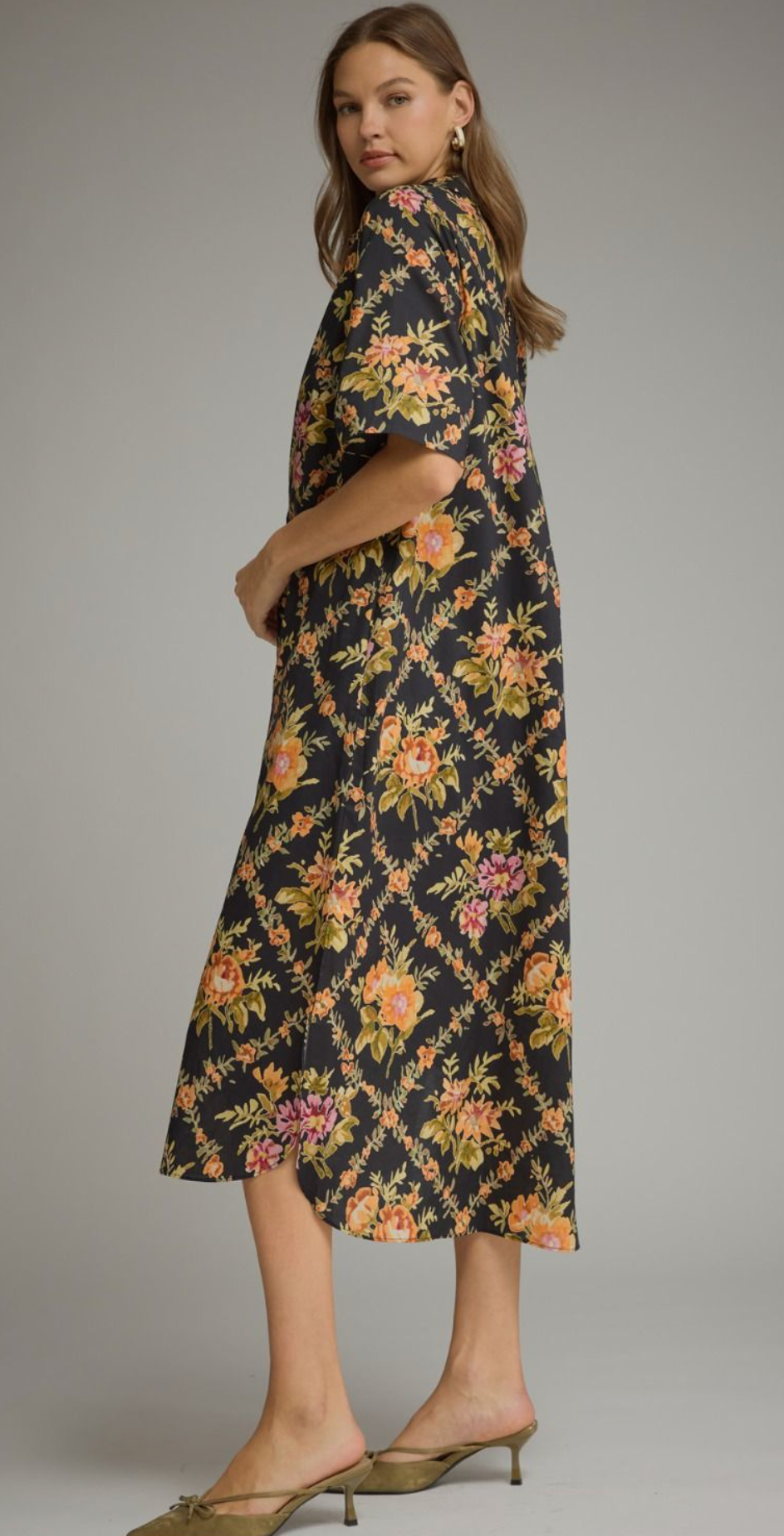 Floral Print Short Sleeve Midi Dress
