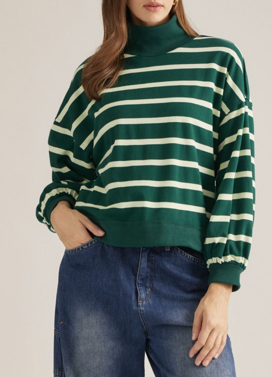 Green Striped Knit Mock Neck Collar