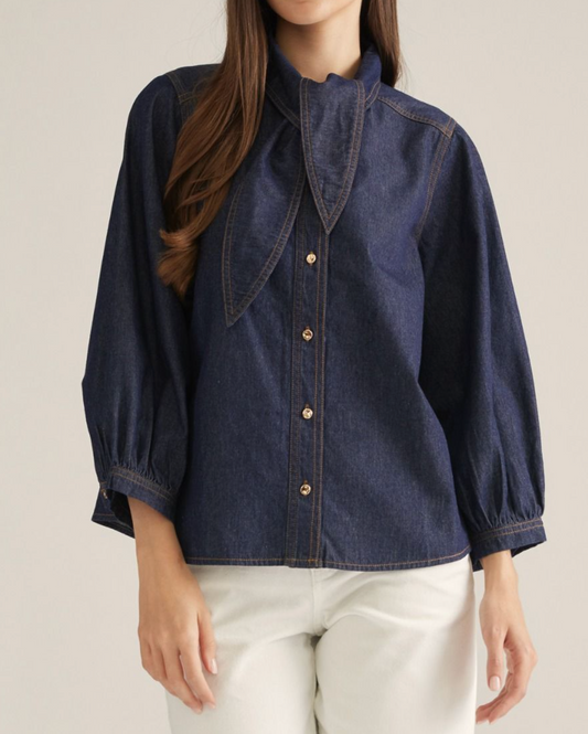 Neck Tie Denim Button Up Top