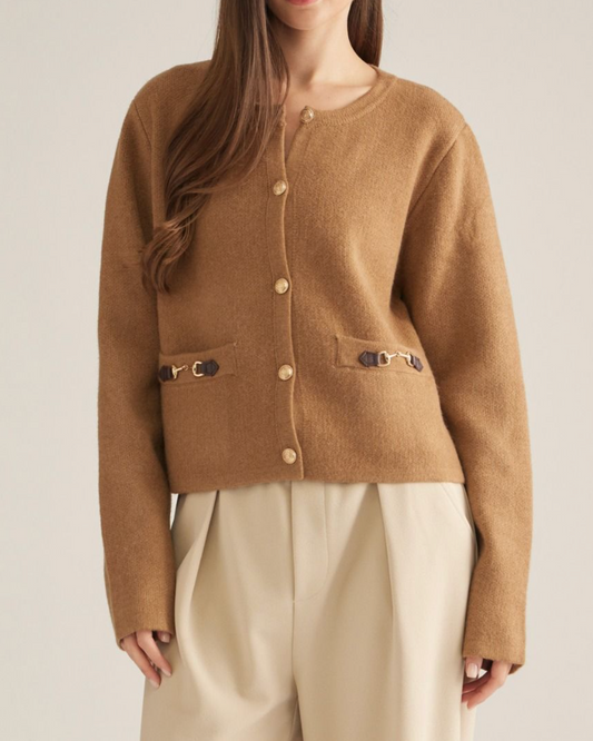 Camel Knit Cardigan w/ Decorative Buckles