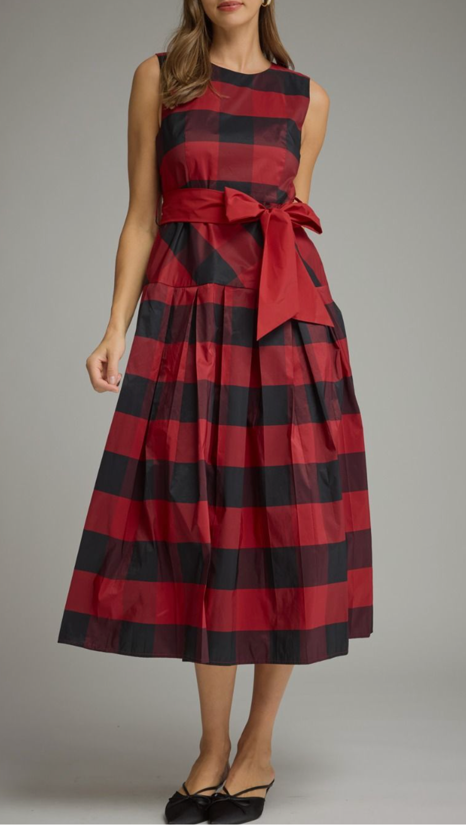 Red & Black Gingham Sleeveless Midi Dress