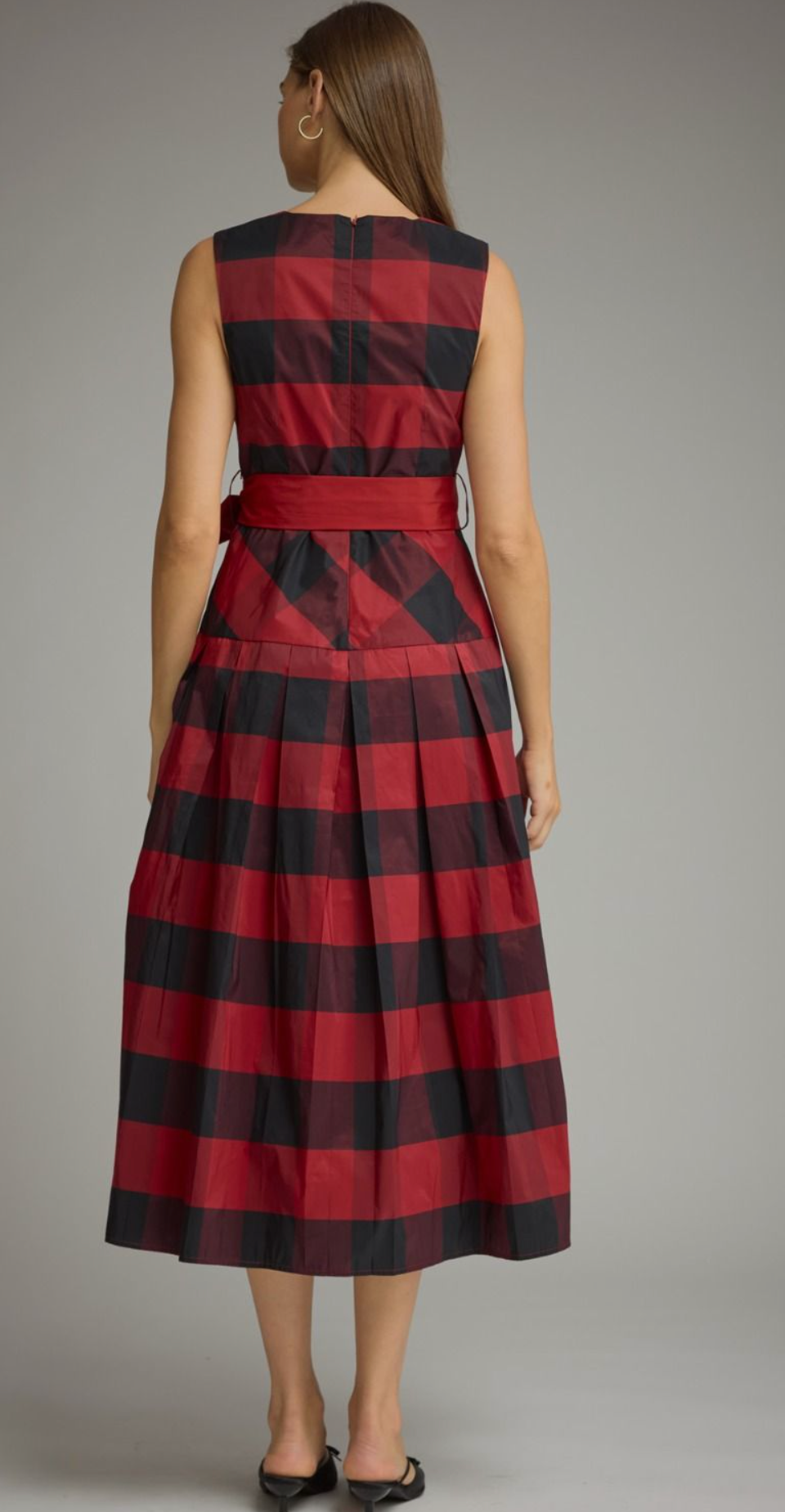 Red & Black Gingham Sleeveless Midi Dress